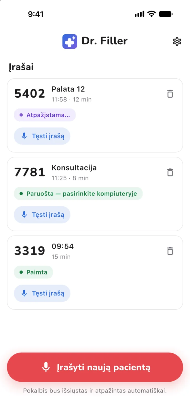 Dr. Filler phone app with a list of recordings