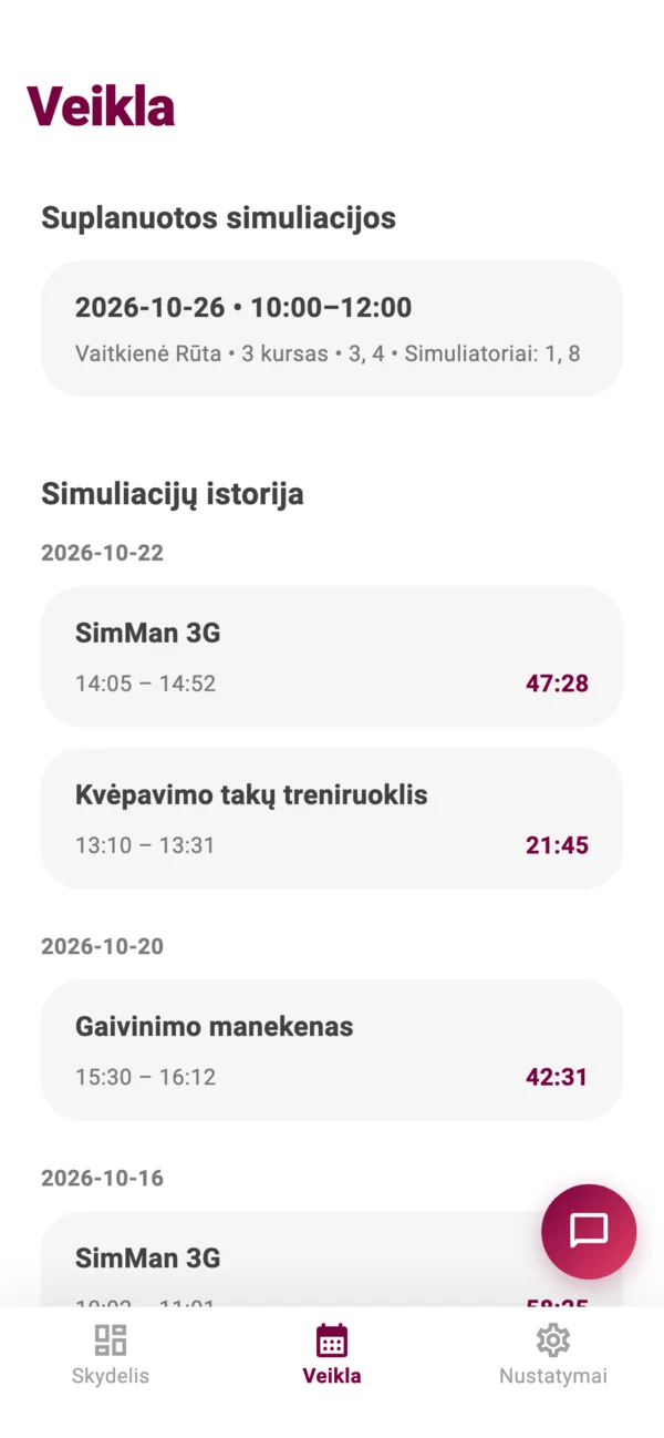 SimuFlow app: planned simulations and training history