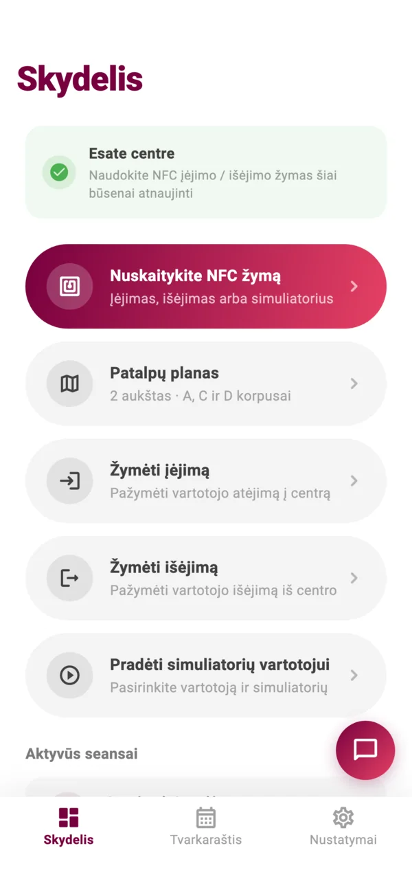 SimuFlow app dashboard with the NFC check-in button